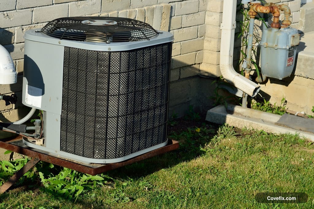 An outdoor air conditioner condenser that needs clear airflow around the sides