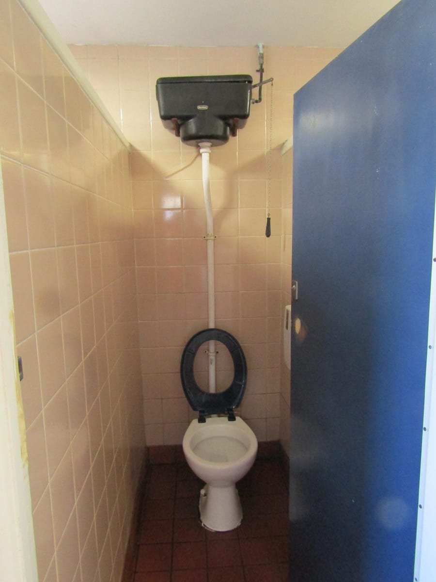 A toilet with a wall-mounted cistern above it