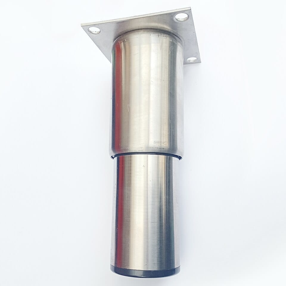An adjustable stainless appliance leveling foot, extended