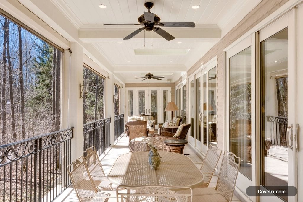 A ceiling fan over a bright room