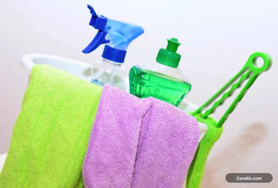 A cleaning caddy with a spray bottle, dish soap, and microfiber cloths