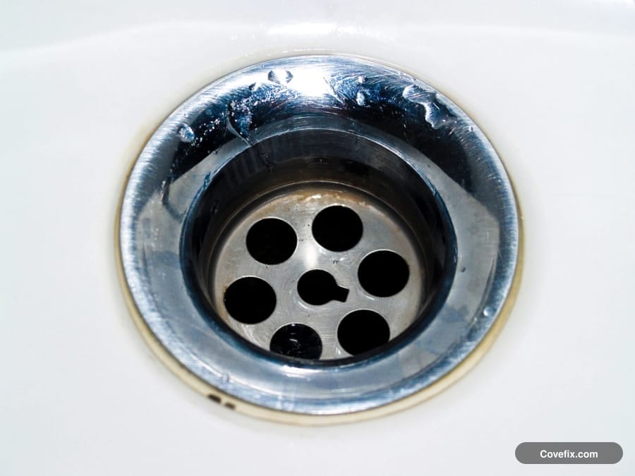 A chrome bathroom sink drain, clean and clear
