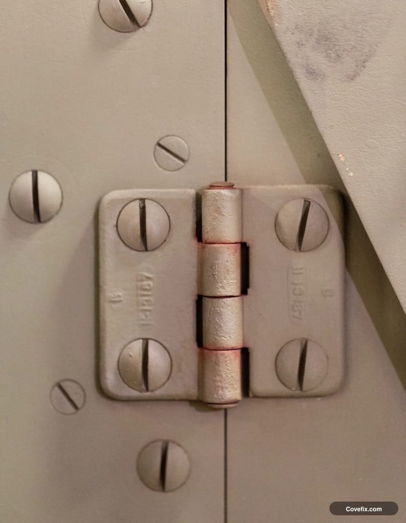 A close-up of a door hinge showing the pin and knuckles