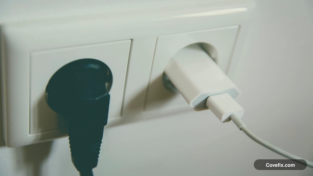 A plug and cord connected to a wall outlet