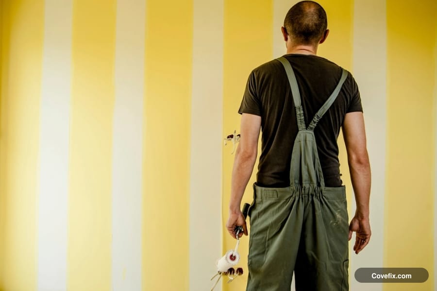 A painter facing a freshly painted wall, roller in hand