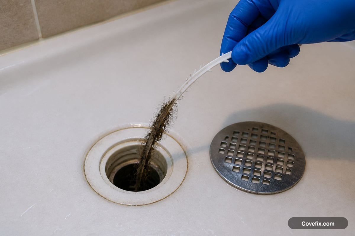 A gloved hand pulling a hair clog from a shower drain with a plastic zip tool