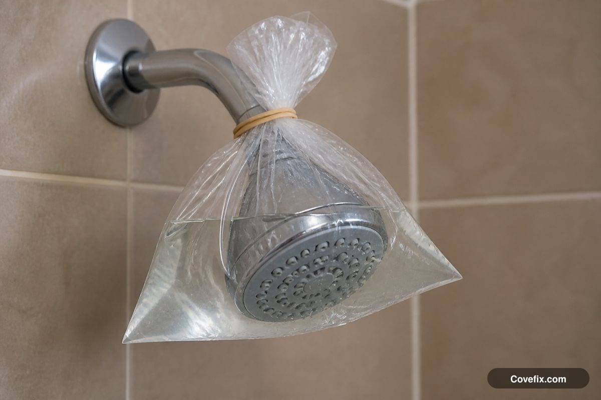 A shower head soaking in a plastic bag of vinegar solution