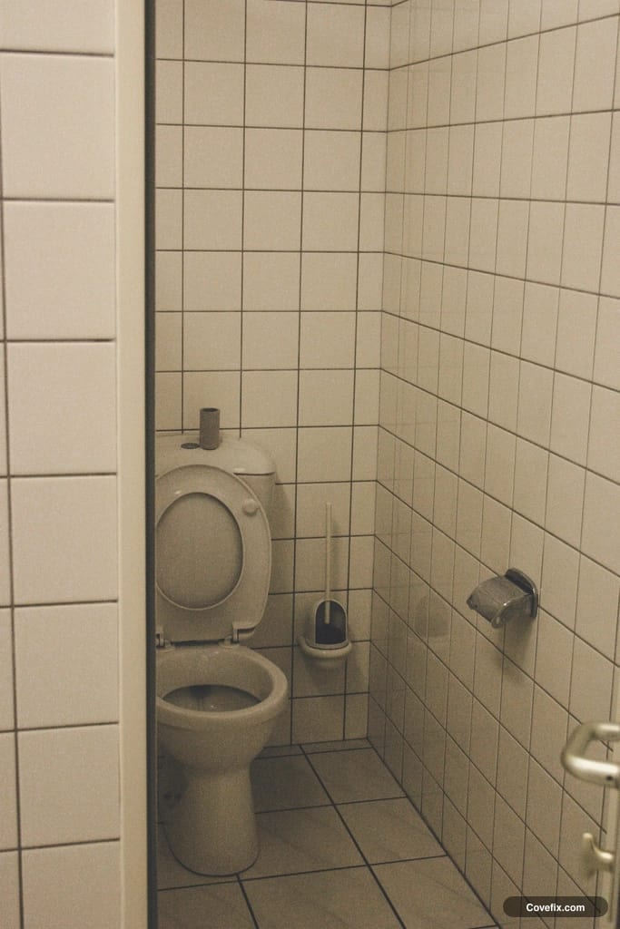 A toilet with a brush caddy within reach beside it