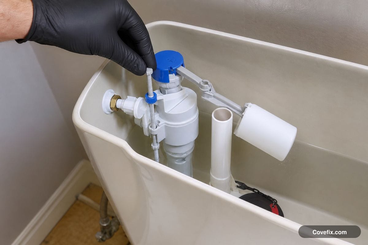 A gloved hand adjusting a new toilet fill valve inside an open tank